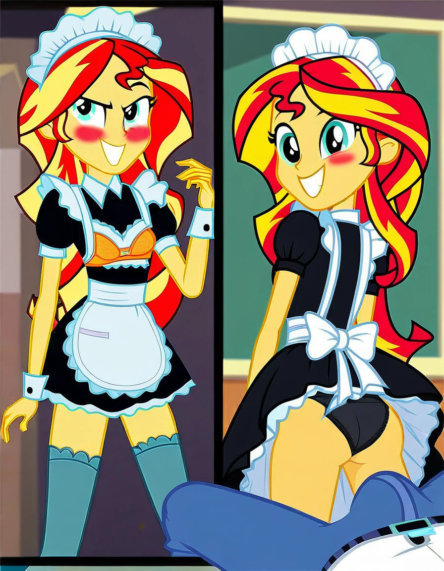 upskirt, duo focus, equestria girls, blushing, sunset shimmer, bra, underwear, grin, evil smile, erection, smiling, butt, clothes, maid, black panties, underwear, sunbutt, show accurate, vector, male pov, tenting, crotch big bulge, big erection in pants, offscreen male character