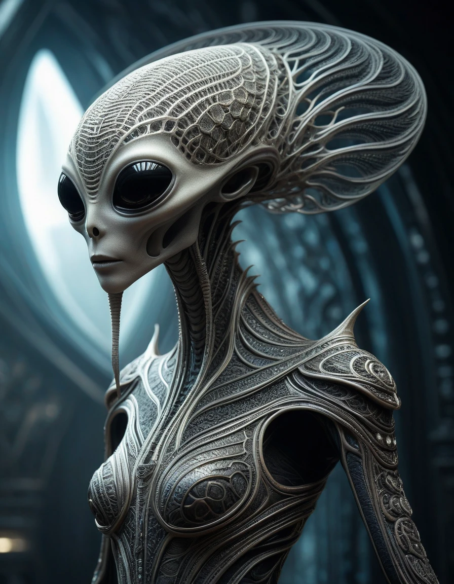 The image portrays an otherworldly creature standing and leaning slightly forward. It has a slender, almost skeletal frame that contrasts starkly with its oversized, elaborate outfit, which appears to be made of flowing, ethereal materials. The creature's most striking features are its enormous eyes, framed by long, thick eyelashes that add a surreal and almost enchanting quality to its gaze. The 3D rendering enhances the creature's alien characteristics, with fine details that bring out the texture of its skin and the intricate patterns of its clothing.