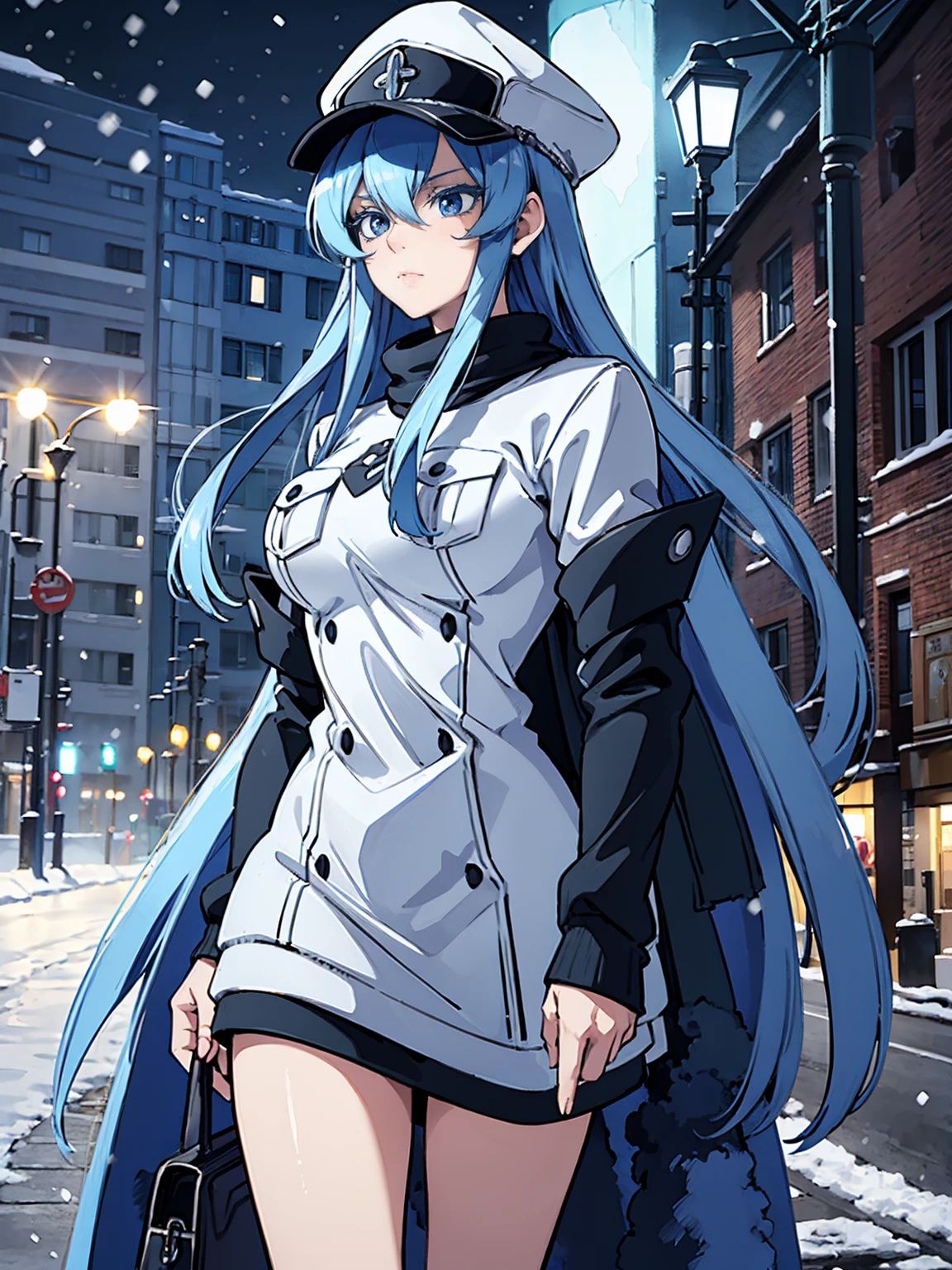 (artwork, best quality) a girl with long blue hair, blue eyes, blue eyelashes, big breasts, white sweatshirt with a hat, walking, upset, on a street in Russia, snowing heavily, at night