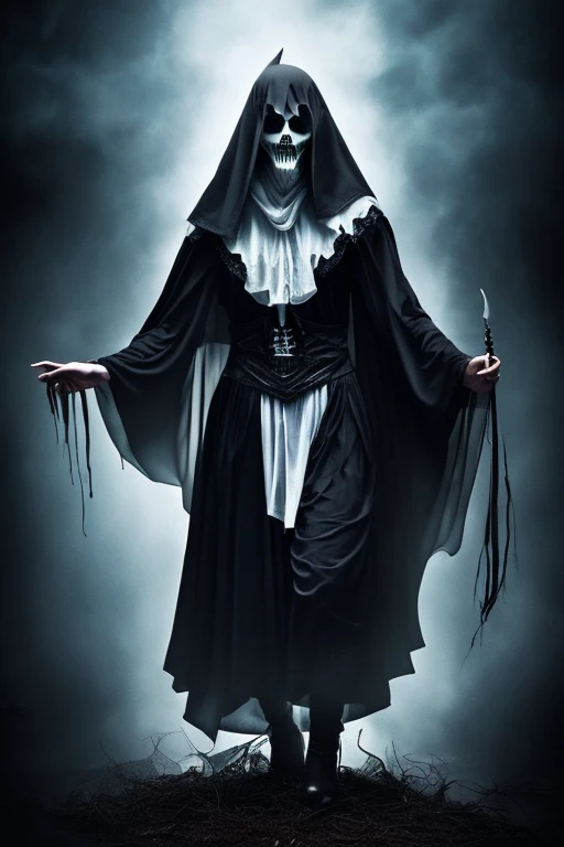 sinister witch, dressed in white, ghost, levitating, spectrum, ((The crybaby)), terror, horror, devilish look, floating, malevolent smile, evil, reaper of souls