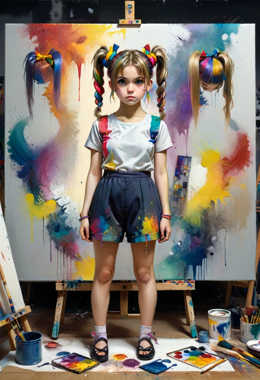 (girl, Twin Tails), A girl stood in front of the canvas, her ponytails adorned with colorful headbands, and was engrossed in painting. The background was a studio filled with painting tools and works, full body, (Photography, Raw photo), panoramic view, award-winning, cinematic still, emotional, vignette, dynamic, vivid, (masterpiece, best quality, Professional, perfect composition, very aesthetic, absurdres, ultra-detailed, intricate details:1.3)