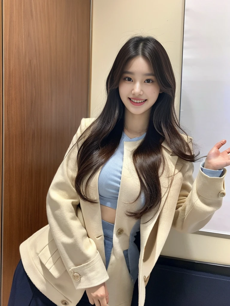 A super cute Korean female college teacher stands in front of a whiteboard:1.3)(grin,Smile)(Beautiful Sweat:1.3)(16K, RAW Photos, Highest quality, masterpiece: 1.2),(Shiny wavy hair blowing in the wind) Super detailed, Super Resolution, (Genuine, Genuine photos: 1.37), Portraiture, High-resolution RAW color photos, Professional photos, Very detailed, 8k wallpaper, Very detailed CG Unity 8k wallpaper, Very detailed beautiful girls, Very detailed faces, ((whole body)), beautiful woman, Huge breasts,(huge boobs:1.1) (Big Boobs:1.1), Beauty college student (tailored jacket),high school girl, Korean Girls,(K-POP Female Idols), (Idol-class beauty)(Beautiful Female Teacher:1.1)(classroom)(22 years old)
