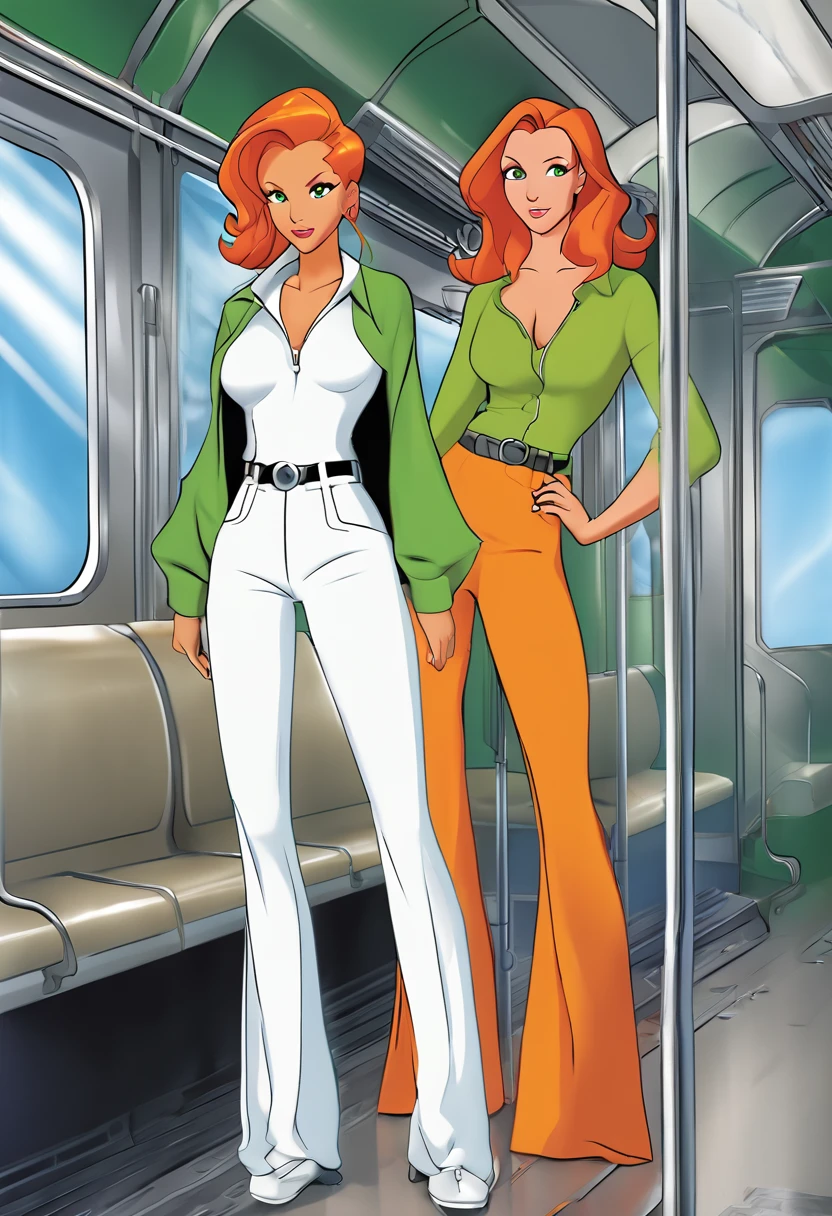 Sam, totally spies, standing, inside a train, white pants, orange hair, green eyes, blushing, nipples