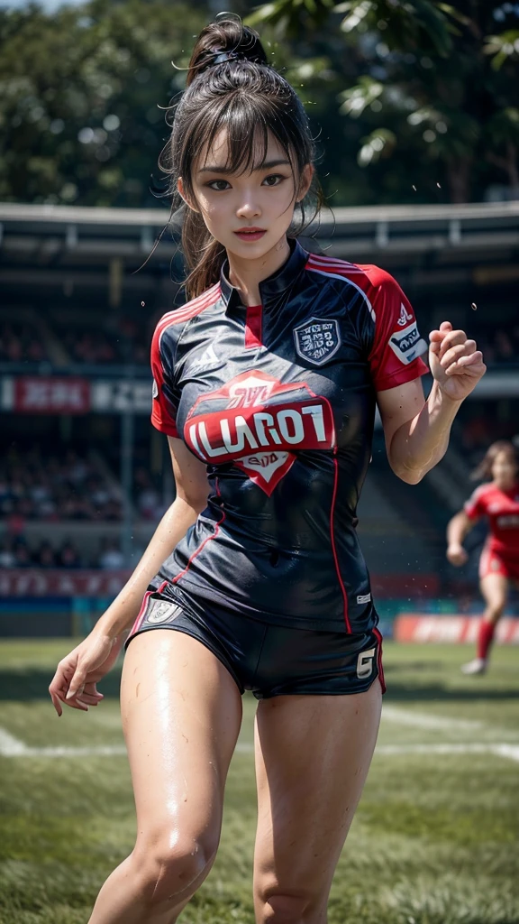 Highest quality, High resolution:1.2, Very detailed, Realistic:1.3, ((Beautiful woman))、((Super tight uniform))、((Big Breasts))、(The abdomen is visible)、(((Soccer uniforms)))、Vibrant colors, play soccer,(Blunt bangs)、((Various Hair Styles))、Different hair colors、With bangs、Wet Hair, concentrate, splash, Action Shots, Grass blotches, Muddy ground, Wet turf, decide, Fast-paced games, Athletic physique, Shiny soccer ball, Wet Uniform, raindrop, Blurred motion, ボールにconcentrateする, Intense competition, Skillful dribbling, Energetic play, Teamwork, powerful shoots, Wet pitch, Passionate sports, Fierce decide, Humid atmosphere, Fluid movement, emotional expression、Dramatic lighting, Women's Sports, Avid athletes, Exciting Games, Endure, Excited state, Speed and agility, Energetic play, 濡れたsplash、smile、((Red Uniform))