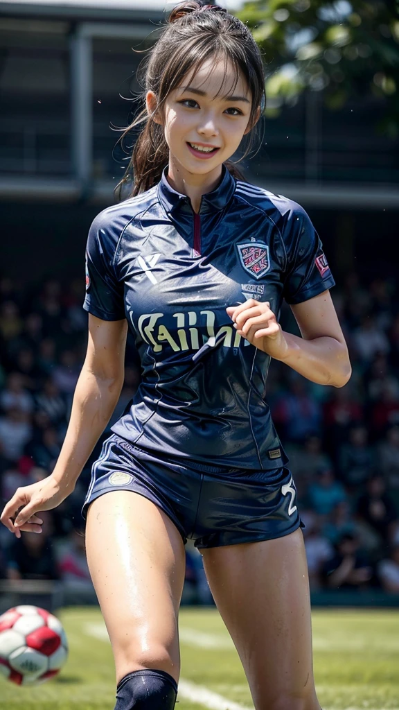 Highest quality, High resolution:1.2, Very detailed, Realistic:1.3, ((Beautiful woman))、((Super tight uniform))、((Big Breasts))、(The abdomen is visible)、(((Soccer uniforms)))、Vibrant colors, play soccer,(Blunt bangs)、((Various Hair Styles))、Different hair colors、With bangs、Wet Hair, concentrate, splash, Action Shots, Grass blotches, Muddy ground, Wet turf, decide, Fast-paced games, Athletic physique, Shiny soccer ball, Wet Uniform, raindrop, Blurred motion, ボールにconcentrateする, Intense competition, Skillful dribbling, Energetic play, Teamwork, powerful shoots, Wet pitch, Passionate sports, Fierce decide, Humid atmosphere, Fluid movement, emotional expression、Dramatic lighting, Women's Sports, Avid athletes, Exciting Games, Endure, Excited state, Speed and agility, Energetic play, 濡れたsplash、smile、((Red Uniform))