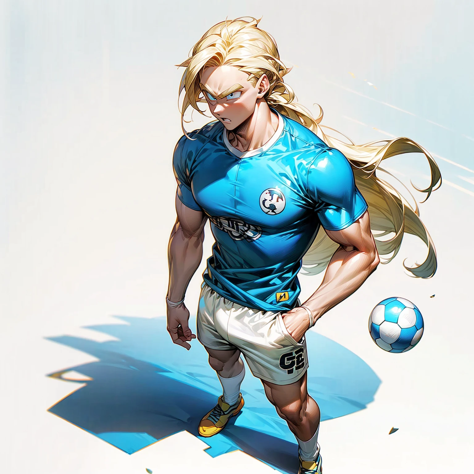 Ultra detailed, full background, Full body version, motion blur, plasma, lens blur, overlay color, overlay blending, lighten blending, chromatic aberration, hd, ultra hd, (dragon ball style), boy, blonde hair, long hair, skyblue colour shirt, hazel eyes, football player, football boots, shirt football, football trousers