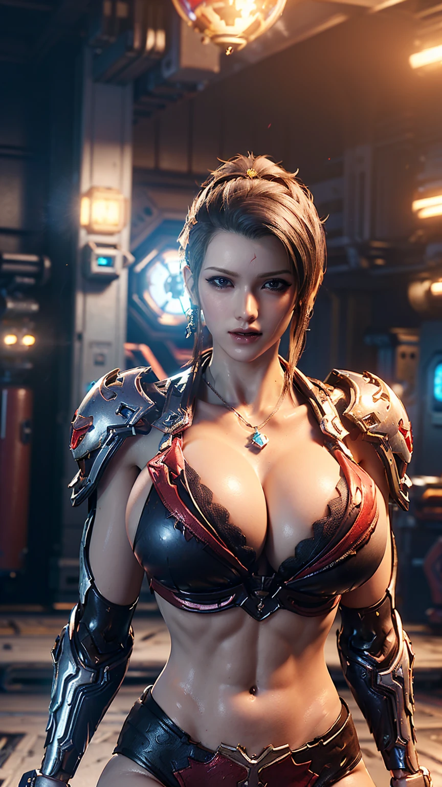 A GIRL CLOSEUP UPPER BODY DIRTY WHORE,SOLO, ((LOOKING AT VIEWER, COWBOY SHOT:1.5)), ((HUGE FAKE BREASTS:1.5)), ((CLEAVAGE, 11 LINE ABS:1.5)), ((WEARING OUTFIT METAL CRIMSON RED, BLACK SKIMPY BIKINI FROM OVERWATCH, IN FUTURISTIC ARMOR, GIRL IN MECHA CYBER ARMOR:1.5)), (ATHLETIC FEMALE BODY SHAPE:1.5), (SWEATY GLOSSY BODYSKIN:1.4), (BACKGROUND FUTURISTIC SPACE STATION:1), (PHOTOREALSITIC:1.4), (ULTRA-DETAILLIERT), (TOP-QUALITY), (BEST SHADOWS), BRIGHT LIGHT IN ROOM, HYPER TEXTURE, (4X MSAA), ((UNREAL ENGINE 5 RENDER)), (NEON), PHYSICALLY-BASED RENDERING, ULTRA HIGHT DEFINITION, 16K, 1080P.