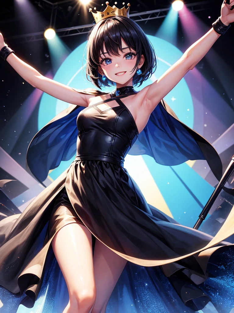 Highest quality,Highest Resolution,A beautiful smiling girl standing on stage holding a microphone with both hands,front,whole body,Black short hair,Blue Dress,a small crown on the head,Spotlight,stage,Very beautiful eyes,