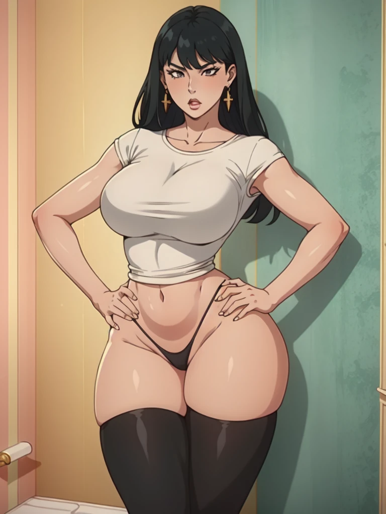 bent over,armpits,hand on hip, yor briar,1girl,solo,black hair,bangs,gold earrings,cowboy shot, wearing a white tshirt, (black panty), (black thong), Exquisite visuals, high-definition,masterpiece,phone in one hand. (big hips), hourglass body, black thighhighs, thick thighs, saggy breasts. (bathroom background). best quality,Exquisite visuals,high-definition,masterpiece,best quality,mature female,Beautiful Fingers,Beautiful long legs,Beautiful body,Beautiful character design,ymmetrical body, sensualizing, pouting with orgasmic expression