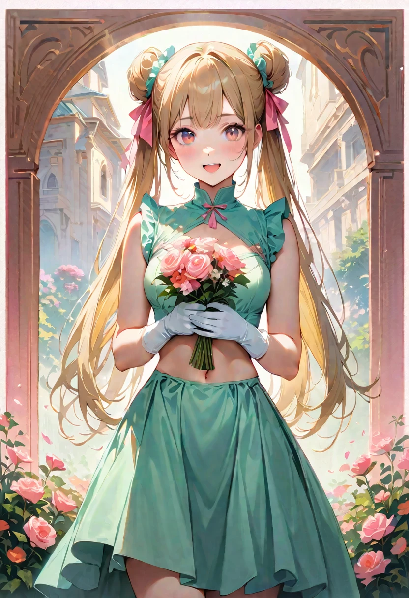 20 years old,1 girl,hyperrealistic, 8k, (extremely detailed 8k), (very delicate and beautiful), (masterpiece), (better quality:1.0), (ultra high resolution:1.0), (masterpiece, best quality), cute,blonde,cleavage cutout,(broen dress:1.3),(crop top navel:1),gleaming skin,twintails,twin bun,a pink ribbon on the head,long hair,pastel green frill Chinese-made dress,white long gloves,delighted,pink border,hold a bouquet of flowers,from the front,a bunch of flowers,POV,bust shot