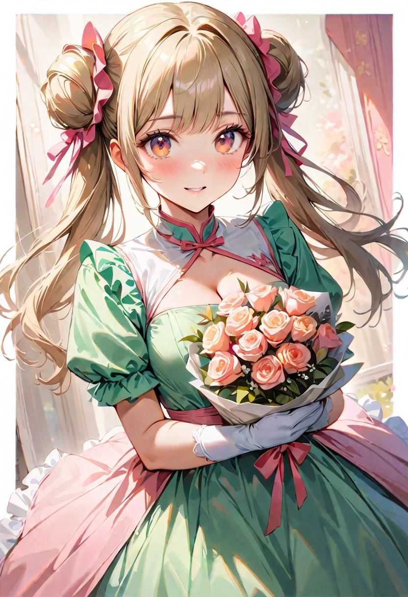 20 years old,1 girl,hyperrealistic, 8k, (extremely detailed 8k), (very delicate and beautiful), (masterpiece), (better quality:1.0), (ultra high resolution:1.0), (masterpiece, best quality), cute,blonde,cleavage cutout,(broen dress:1.3),(crop top navel:1),gleaming skin,twintails,twin bun,a pink ribbon on the head,long hair,pastel green frill Chinese-made dress,white long gloves,delighted,pink border,hold a bouquet of flowers,from the front,a bunch of flowers,POV,bust shot