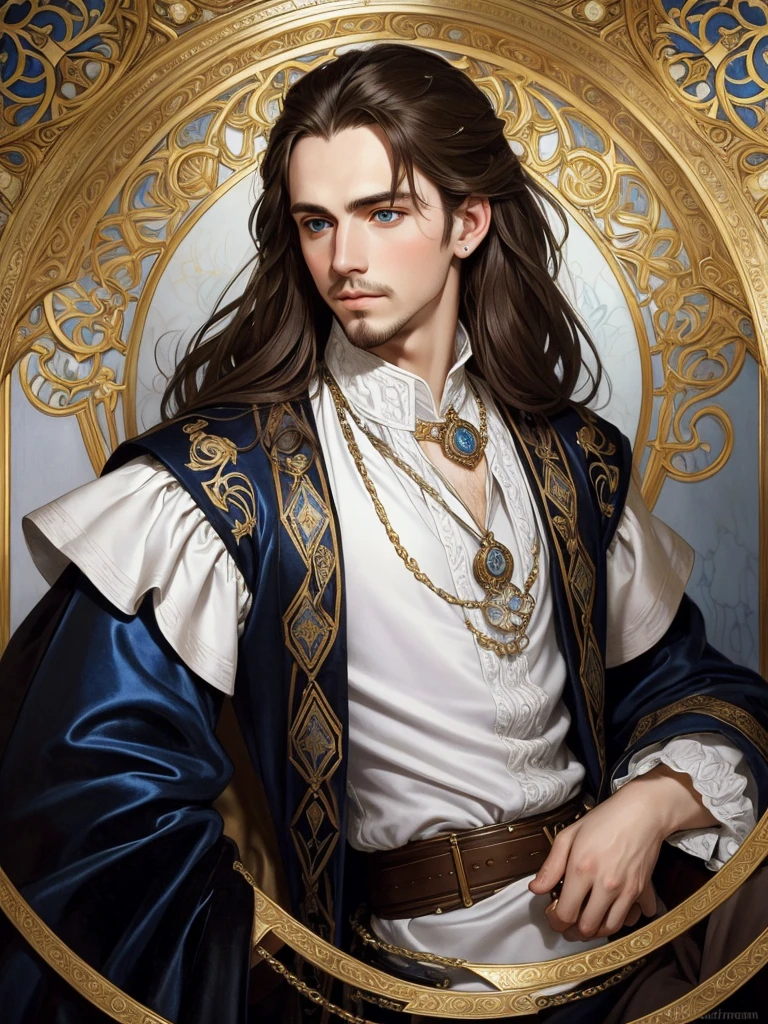 Portrait of Christopher Marlowe, white skin, piercing blue eyes, silky golden-brown hair, refined features, charp jawline, clean shaved, black Elizabethan velvet jerkin, white laced shirt, Mucha style, Mucha background, realism, high quality