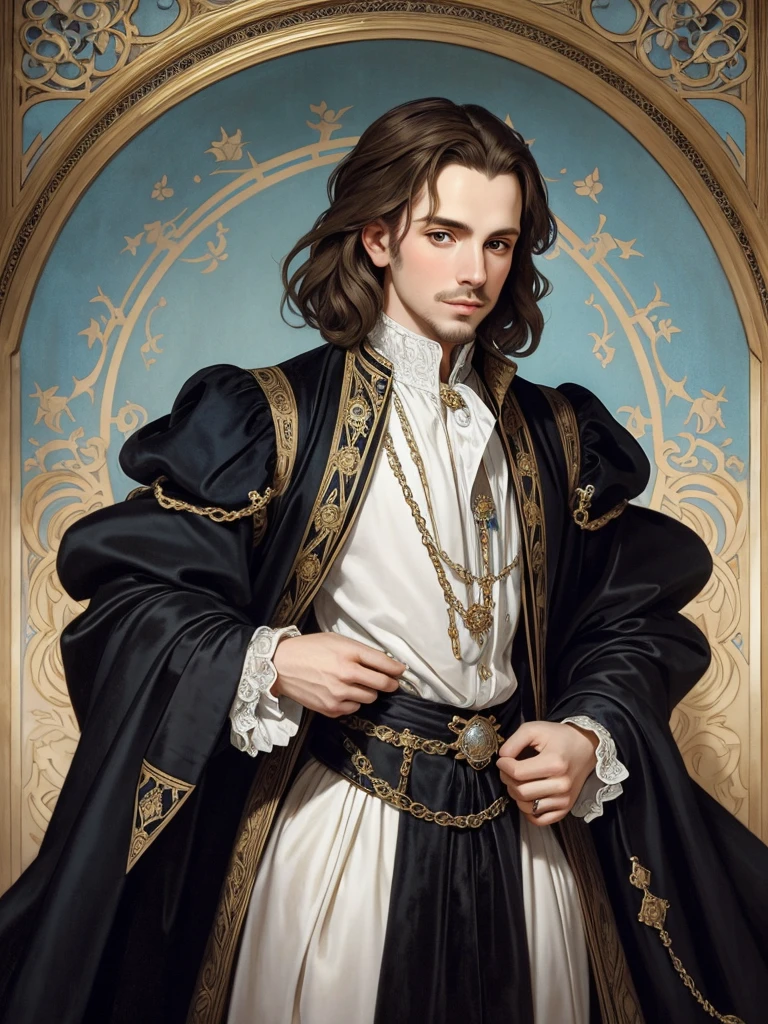 Portrait of Christopher Marlowe, white skin, piercing blue eyes, silky golden-brown hair, refined features, charp jawline, clean shaved, black Elizabethan velvet jerkin, white laced shirt, Mucha style, Mucha background, realism, high quality