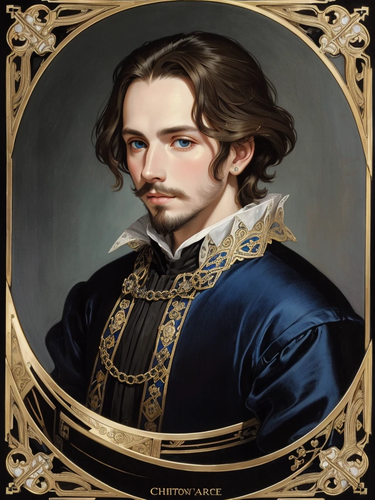 Portrait of Christopher Marlowe, white skin, piercing blue eyes, silky golden-brown hair, refined features, charp jawline, clean shaved, black Elizabethan velvet jerkin, white laced shirt, Mucha style, Mucha background, realism, high quality