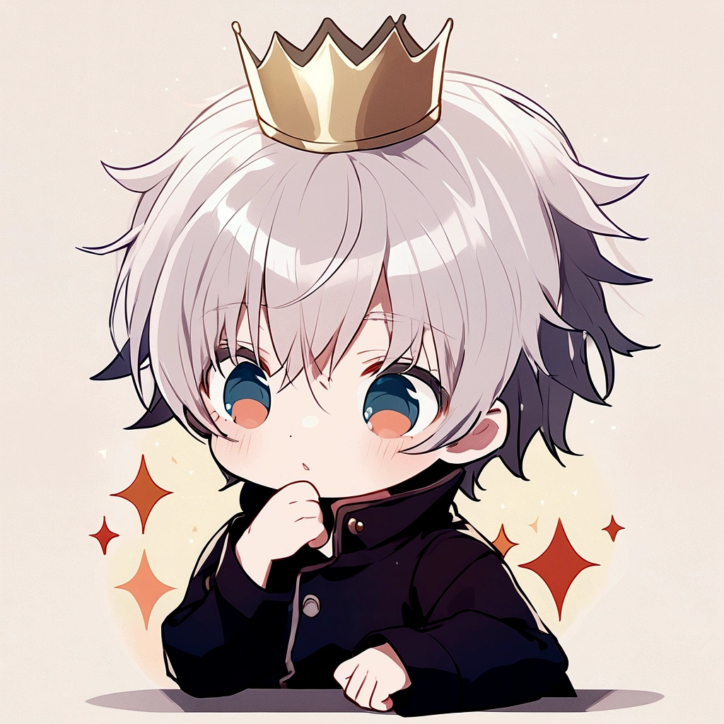 Make Gojo Satoru in a questioning pose, keep his crown.