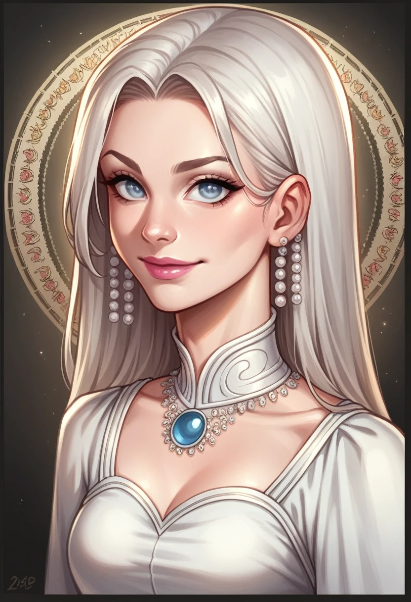 Female character styled from DC comics characters, young girl of , with a dress that is not even revealing, nor adjusted, Let him have platinum hair with eyes the color of pearls., pink lips, Delicate facial features, soft smile, angelic look, belonging to the DC comics series, comic style.