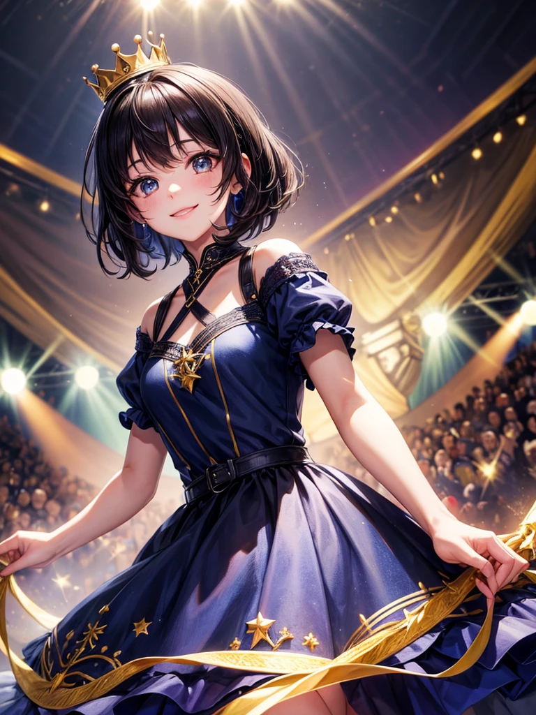 Highest quality,Highest Resolution,A beautiful smiling girl standing on stage holding a microphone with both hands,front,whole body,Black short hair,Blue Dress,a small crown on the head,Spotlight,stage,Very beautiful eyes,