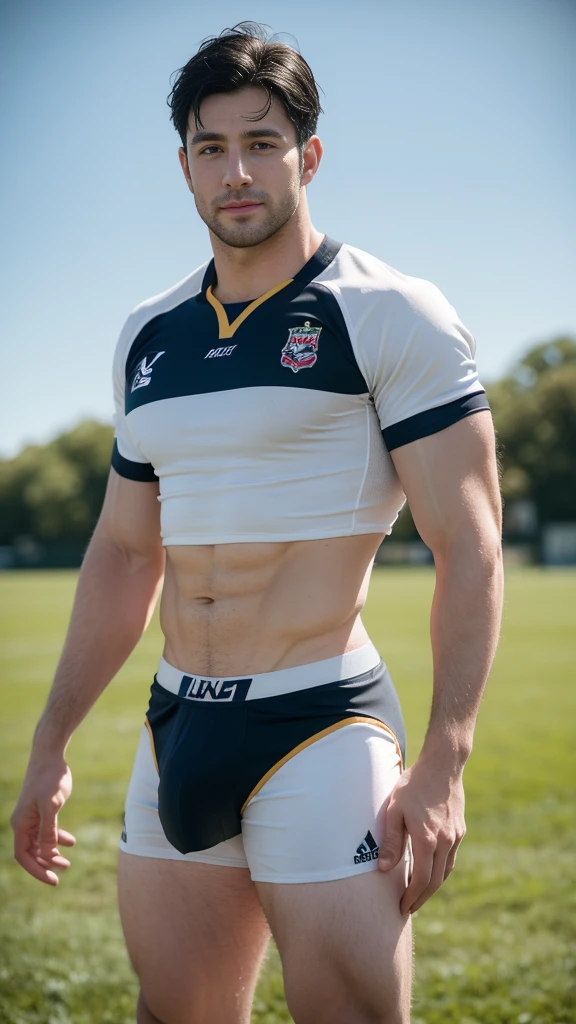 one pale muscular man rugby player ,Full body, smile, rugby player, sport pants, rugby esportive uniform, wet black hair fade ,alluring big eyes, European mature 30yo man, (High shadow detail), wearing Calvin Klein rugby brands shirt, strong thighs legs, neck tattoo, large lips mouth, Wide shoulders, nice detailed naughty hands on his bulge, glans shape, field background on golden-hour.