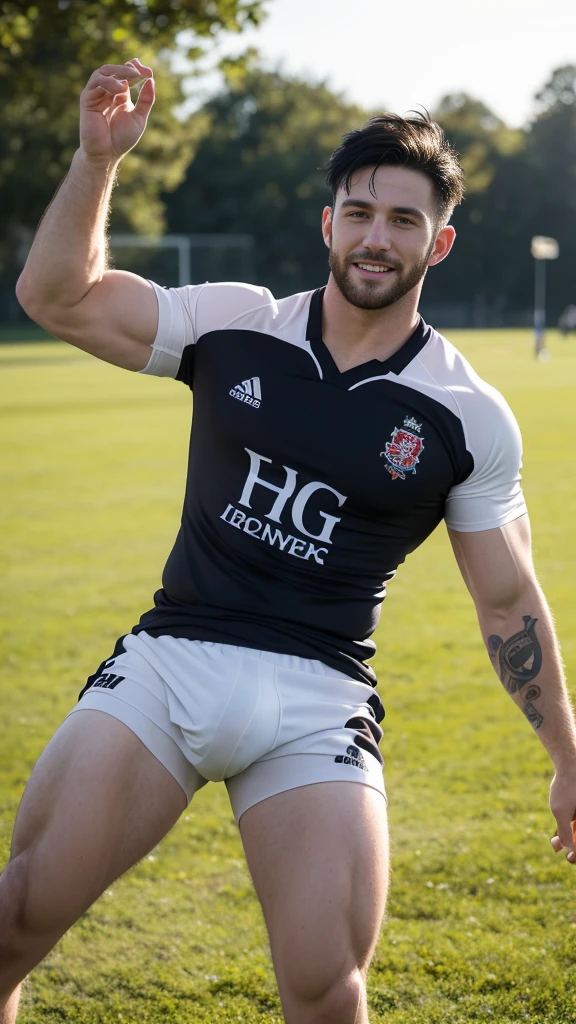 one pale muscular man rugby player ,Full body, smile, rugby player, sport pants, rugby esportive uniform, wet black hair fade ,alluring big eyes, European mature 30yo man, (High shadow detail), wearing Calvin Klein rugby brands shirt, strong thighs legs, neck tattoo, large lips mouth, Wide shoulders, nice detailed naughty hands on his bulge, glans shape, field background on golden-hour.