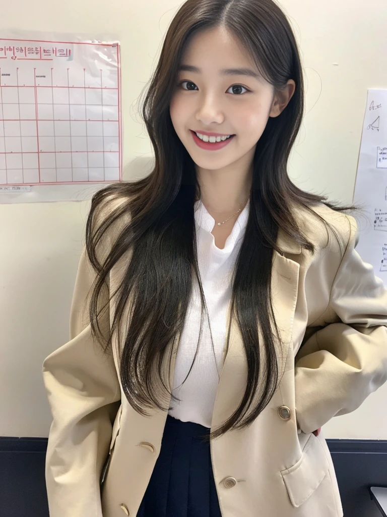 A super cute Korean female college teacher stands in front of a whiteboard:1.3)(grin,Smile)(Beautiful Sweat:1.3)(16K, RAW Photos, Highest quality, masterpiece: 1.2),(Shiny wavy hair blowing in the wind) Super detailed, Super Resolution, (Genuine, Genuine photos: 1.37), Portraiture, High-resolution RAW color photos, Professional photos, Very detailed, 8k wallpaper, Very detailed CG Unity 8k wallpaper, Very detailed beautiful girls, Very detailed faces, ((whole body)), beautiful woman, Huge breasts,(huge boobs:1.1) (Big Boobs:1.1), Beauty college student (tailored jacket),high school girl, Korean Girls,(K-POP Female Idols), (Idol-class beauty)(Beautiful Female Teacher:1.1)(classroom)(22 years old)
