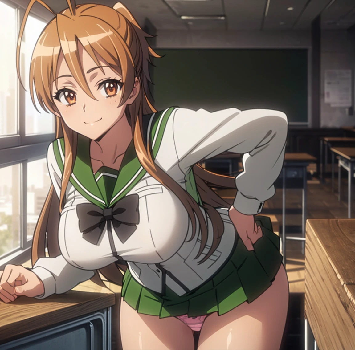 ((1 girl)), ((alone)), Rei Miyamoto, ((Extremely detailed CG unity 4k wallpaper)), (Masterpiece), (ultra quality), (Ultra detailed), (best illustration), ( best shadow), (extremely detailed), looking at viewer, (absurdities), (detailed background), curvy body, dynamic pose, cowboy photo, large breasts, medium waist, wide hips, medium thighs, round butt,(( long hair, brown hair, hair antennae, brown eyes, green sailor collar, black bow tie, white shirt, long sleeves, pleated skirt, green skirt, black thigh-high stockings, skirt rise: 1.4, smile, closed mouth) ), seductive, Standing, cowboy photo, backlight, ((solo)), ((Standing:1.4, indoor, school, classroom, desk, window, sunset, (sexy smile, sexy pose: 1.4) , looking forward, ((focus on panties), pov: (from middle), perfect anatomy, perfect hands,