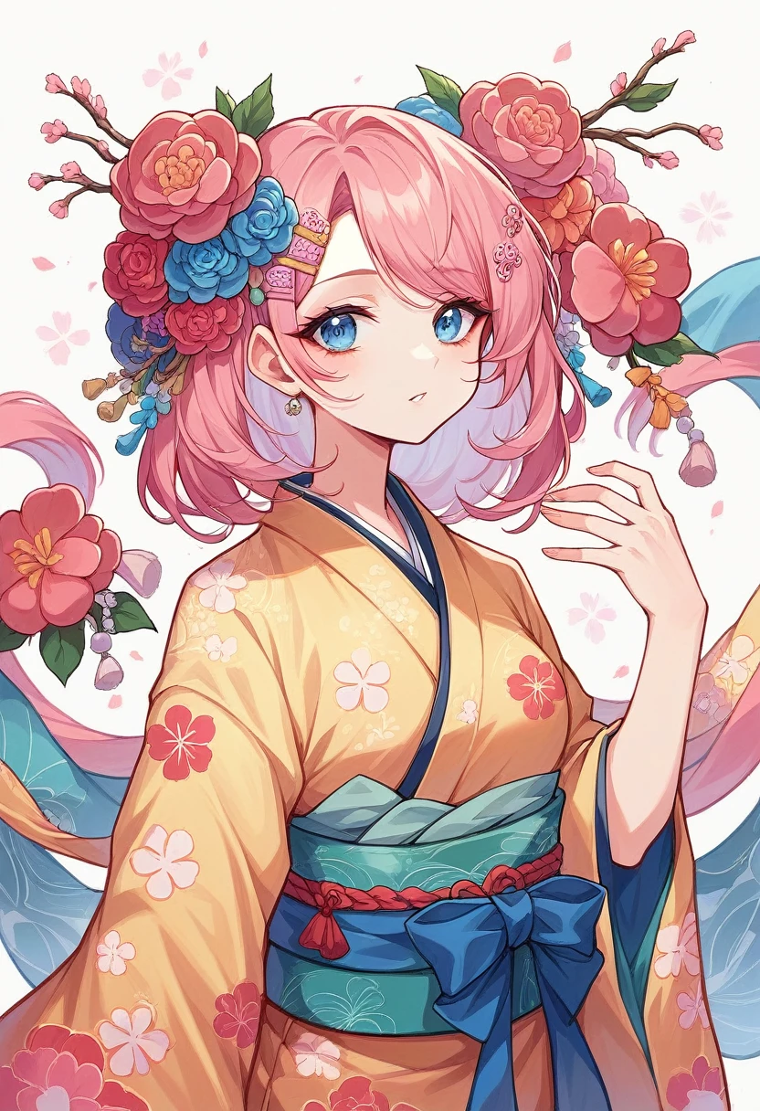 Create a portrait of a young Japanese woman with long pink hair and bright blue eyes. She is wearing a traditional kimono adorned with intricate floral patterns. Her hair is decorated with colorful, ornate hairpins and tassels. The background is filled with vibrant, blooming flowers in warm hues. The overall style should be vivid and detailed, capturing the elegance and beauty of traditional Japanese attire.