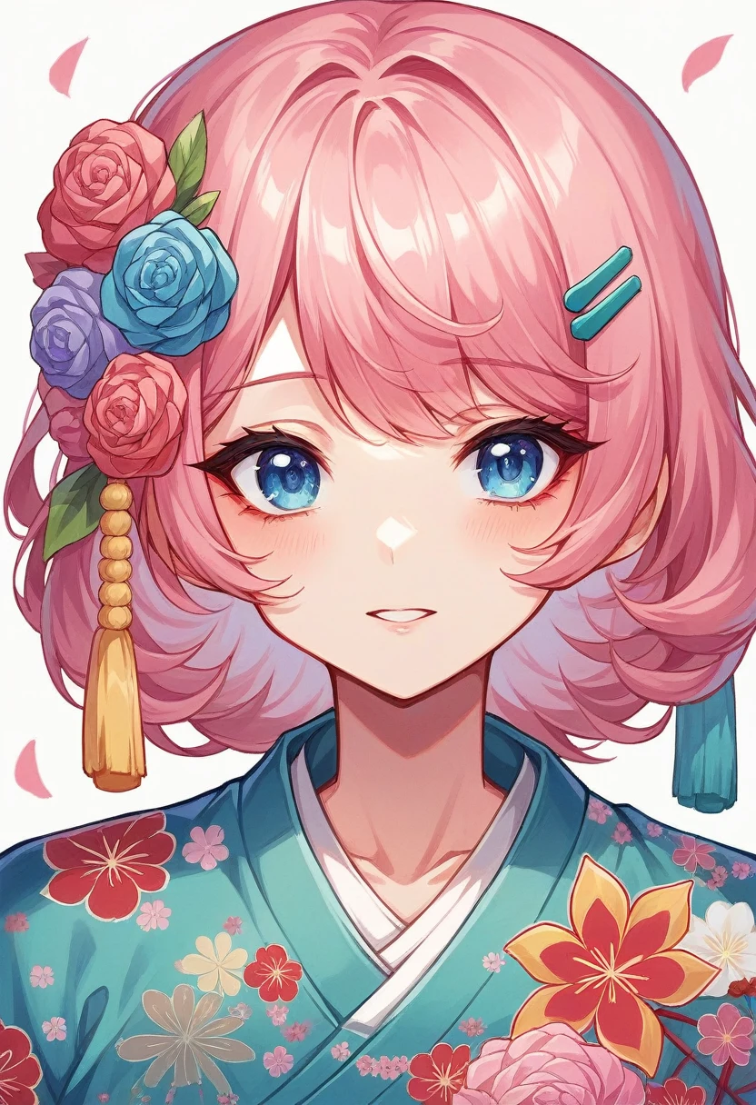 Create a portrait of a young Japanese woman with long pink hair and bright blue eyes. She is wearing a traditional kimono adorned with intricate floral patterns. Her hair is decorated with colorful, ornate hairpins and tassels. The background is filled with vibrant, blooming flowers in warm hues. The overall style should be vivid and detailed, capturing the elegance and beauty of traditional Japanese attire.