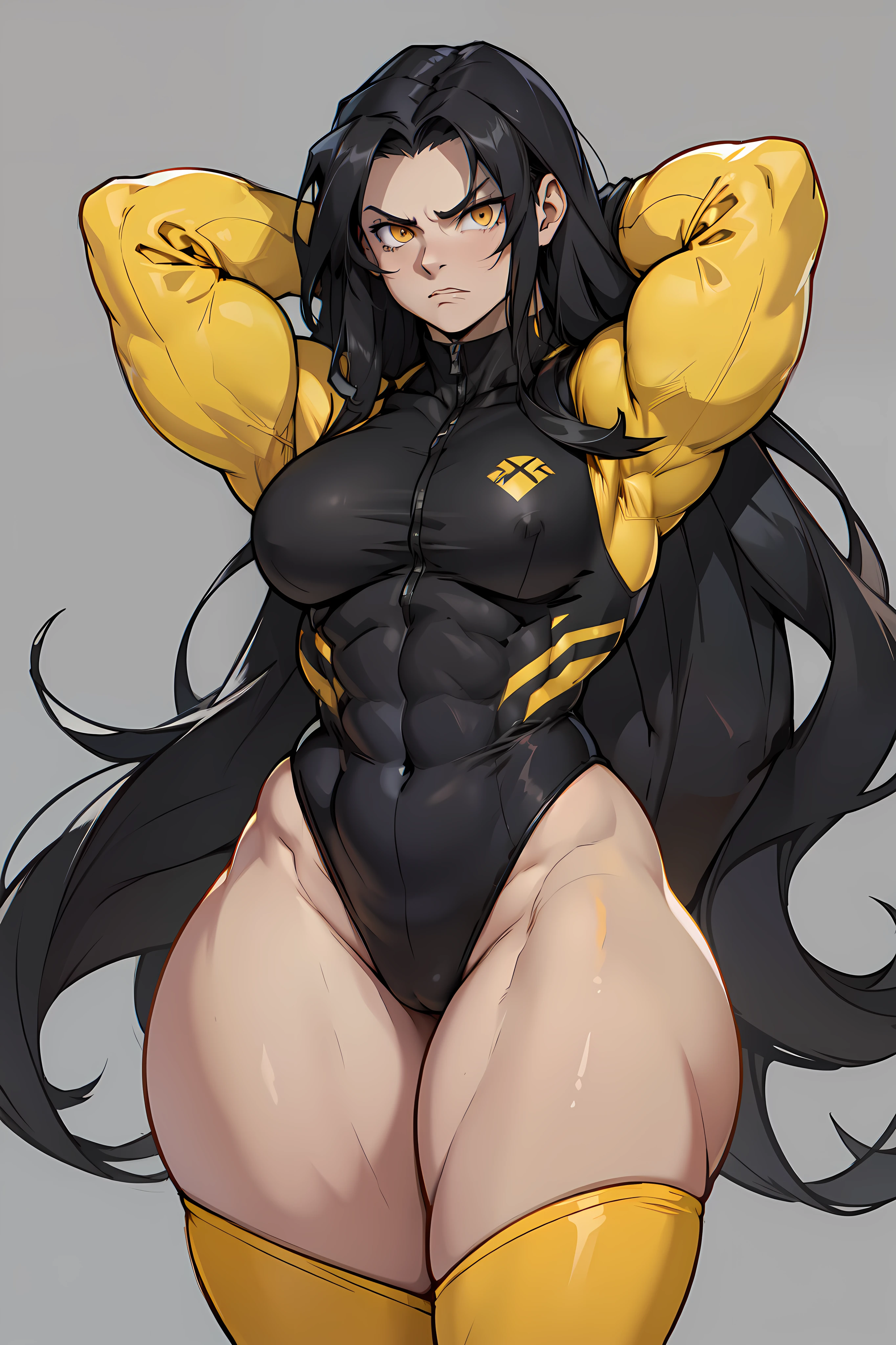 ((grey background)) pale skin black hair yellow eyes (very long hair) angry ((1 girl muscular toned body bodybuilder curvy wide hips thick thighs)) (solo) standing (long sleeves leotard) (arms behind head)