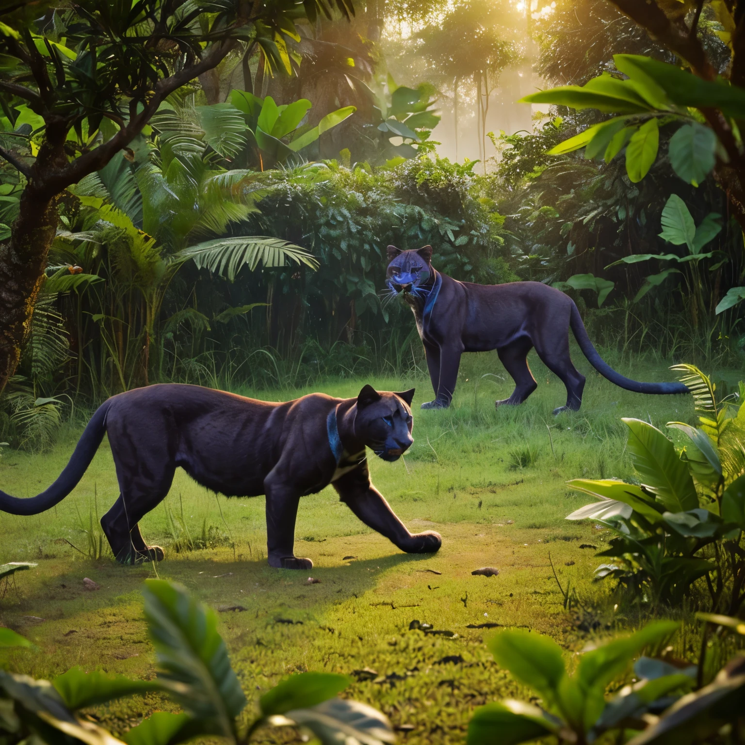 Jungle landscape with minimal fog, (3 detailed panthers in the background searching for a meal) very detailed, visible panther faces, bright colors, warm colors, full of life