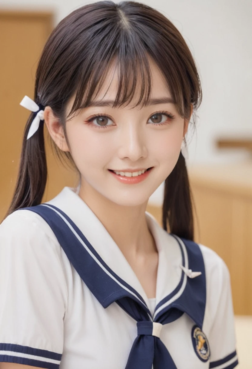 (masterpiece, best quality:1.2), 8k, official art, raw photo, incredibly absurdres, (sailor uniform, serafuku:1.0), 15 years old,highschool student,beautiful girl, pretty face, , short sleeve, violaceaess, (short twintails:1.3),teen, classroom, looking at viewer, no makeup,  detailed eyes and face, ,(cowboyshot:1.3),(small brests:1.2),(skinny:1.2),(smile:1.2),(school swimsuit:1.3),(fullnude:1.0),(show pussy:1.0),(bottomless:1.0),