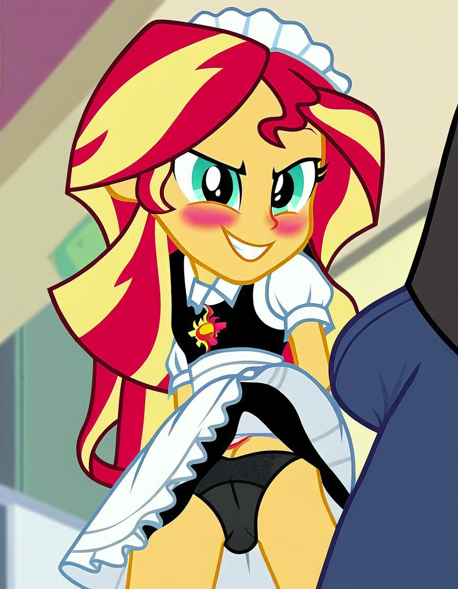 upskirt, duo focus, equestria girls, blushing, sunset shimmer, bra, underwear, grin, evil smile, erection, smiling, butt, clothes, maid, black panties, underwear, sunbutt, show accurate, vector, male pov, tenting, crotch big bulge, big erection in pants, offscreen male character