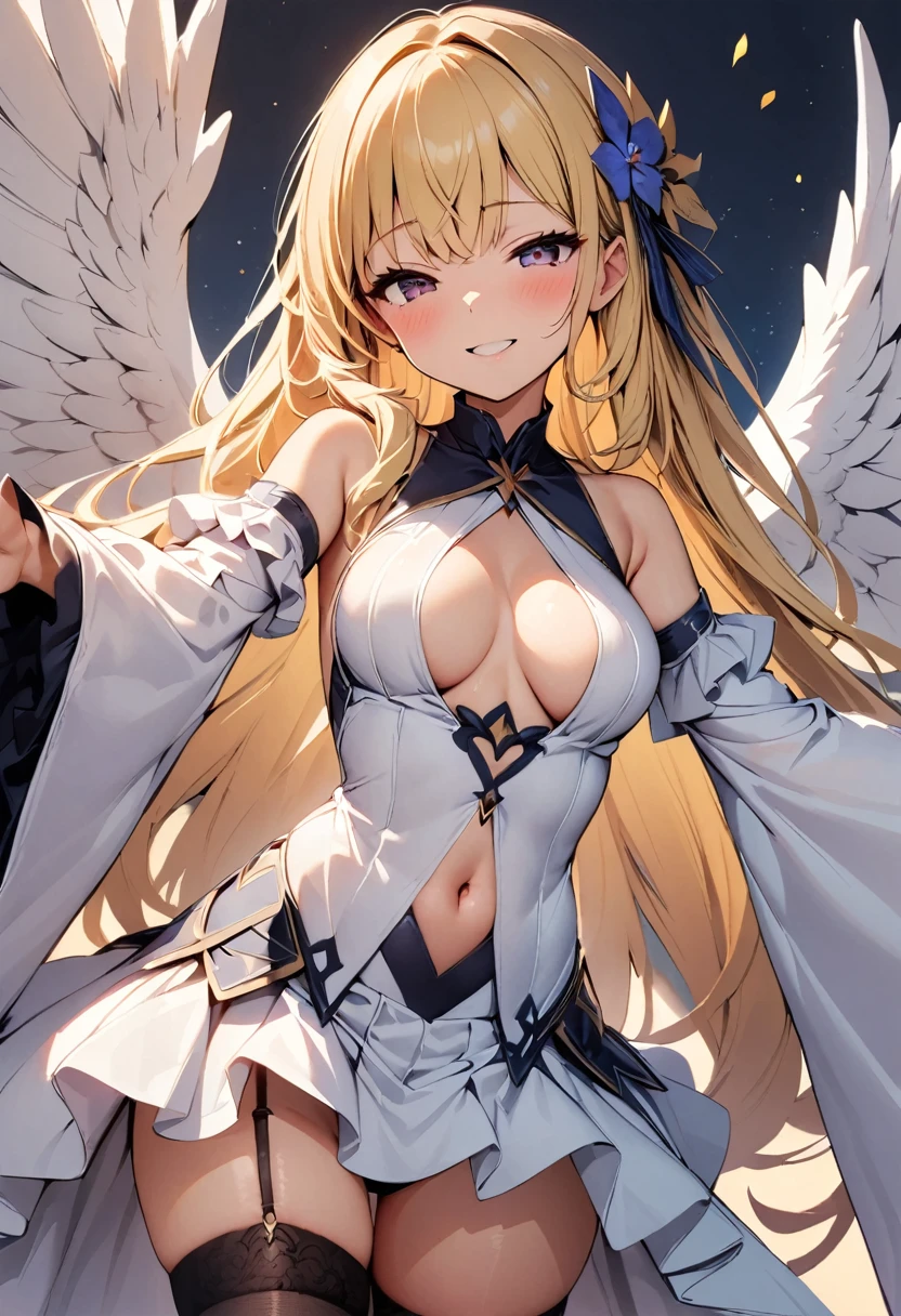 masterpiece, best quality, solo, 1girl, blonde-hair, wings, thighhighs, (very-long-hair), smile, wide-sleeves, navel, hair-ornament, blush, looking-at-viewer, detached-sleeves, open-mouth, frills, outstretched-arms, black-thighhighs, dress, oragen-eyes, half-closed-eyes, long-sleeves, bangs, breasts, center-opening, standing, angel-wings, white-wings, garter-straps, flower, parted-lips, bare-shoulders, navel-cutout
