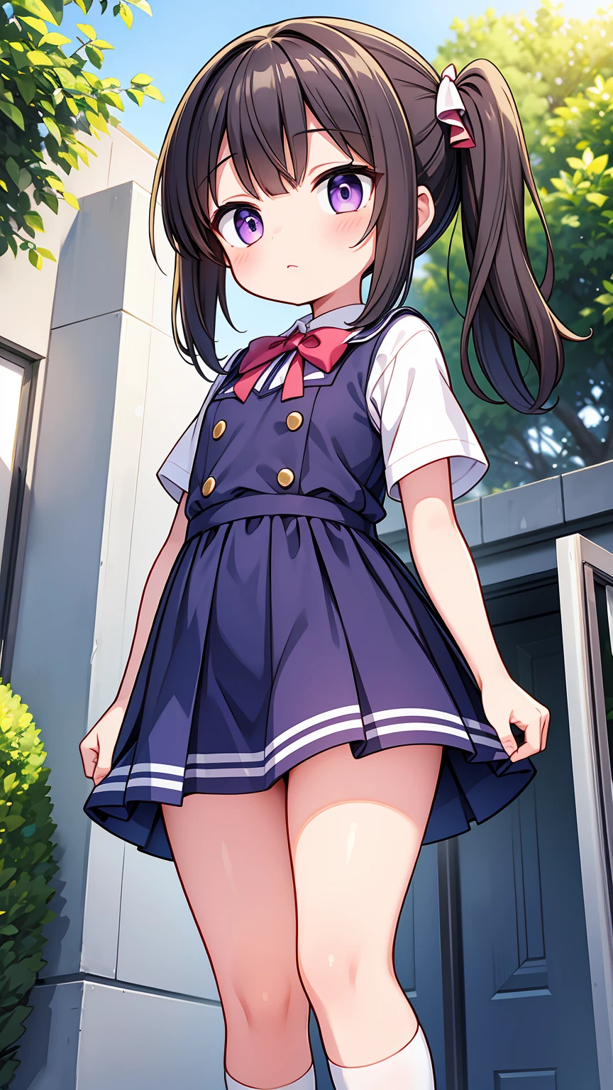 (High quality), (masterpiece), (very detailed), (loli), girl, (very small bust), short brown hair, hairstyle with a side ponytail, purple eyes, shy face, (primary school loli), showing her thighs, on the school yard, sunny, camera angle from below, adorable eyes, (primar school uniform)