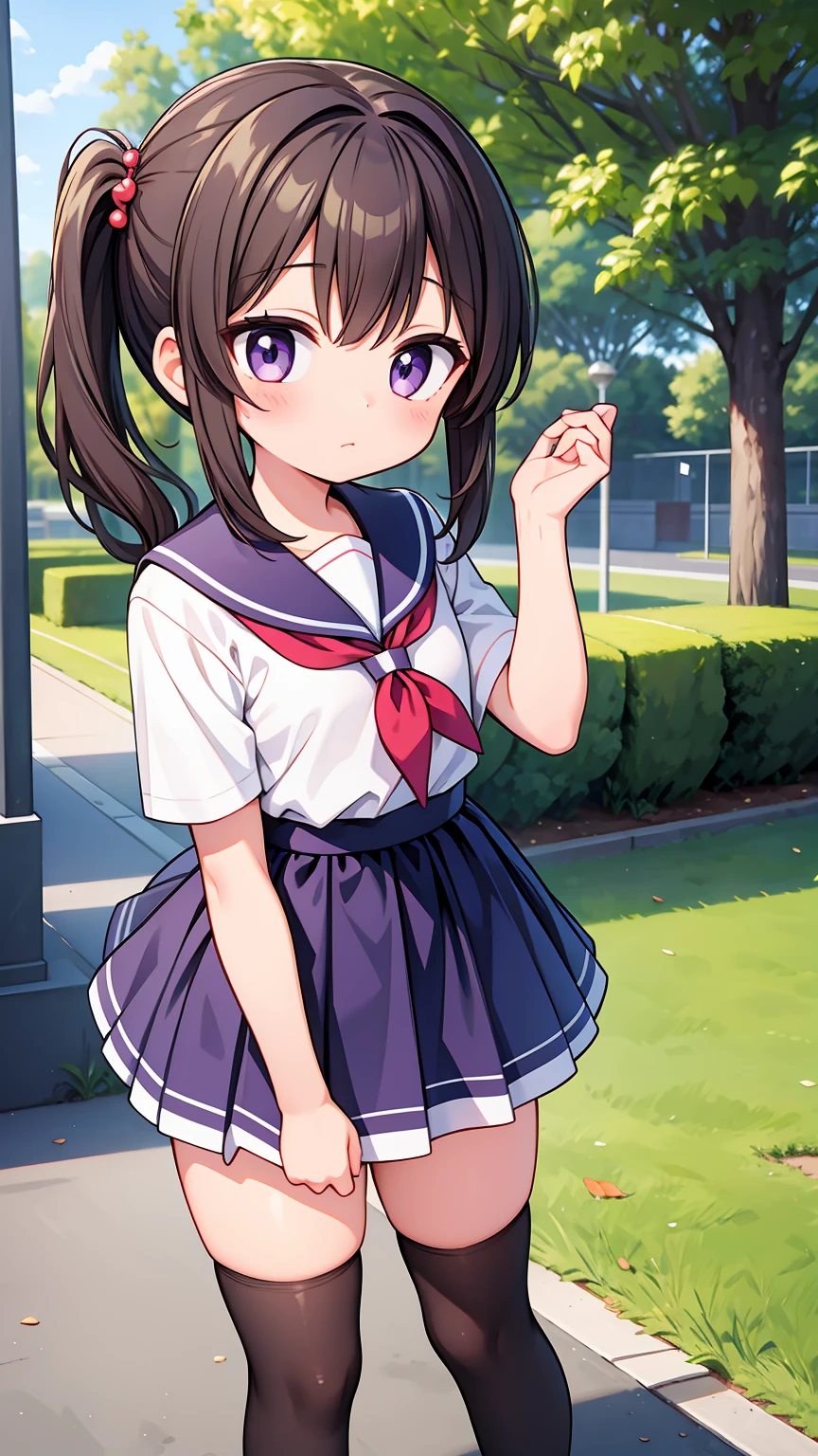 (High quality), (masterpiece), (very detailed), (loli), girl, (very small bust), short brown hair, hairstyle with a side ponytail, purple eyes, shy face, (primary school loli), showing her thighs, on the school yard, sunny, camera angle from below, adorable eyes, (primar school uniform)