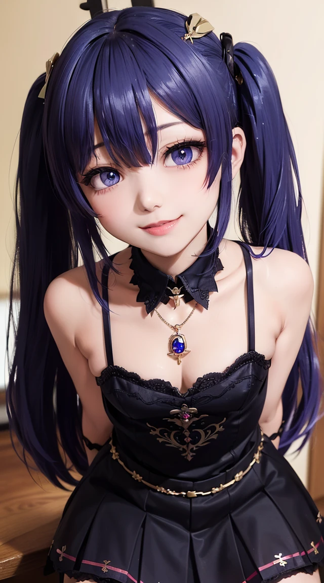  (masterpiece:1.3), (Best Quality:1.3), (Ultra-detailed:1.2), ((kawaii)), Cute, (lovely), ((????)), ((Extremely detailed)), 4K, (8K), Best Quality, (Beautiful), Illustration, anime style, (bold line:1.2), Gradation, looking at viewer, //, (bent down:1.1), (arms behind back), //, a cute girl, 1girl, (solo:1.2), gleaming skin, //, (????????????), (Perfect eyes:1.2), (Perfect iris:1.2), //, darkblue hair color, (beautiful eyes) //, (half closed eyes:1.3), (?????? expression:1.2), Fascinated expression, smile, (blush:1.2), //, modern city background, on rock, twin tails, muscle girl, hard abs, exposed abs, NECKLACE, gothic dress, skirt