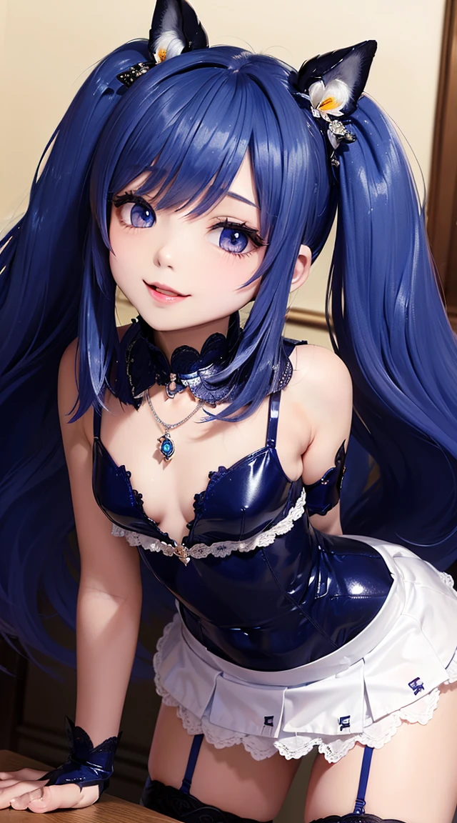 (masterpiece:1.3), (Best Quality:1.3), (Ultra-detailed:1.2), ((kawaii)), Cute, (lovely), ((sexy)), ((Extremely detailed)), 4K, (8K), Best Quality, (Beautiful), Illustration, anime style, (bold line:1.2), Gradation, looking at viewer, //, (bent down:1.1), (arms behind back), //, a cute girl, 1girl, (solo:1.2), gleaming skin, //, (flat chested), (Perfect eyes:1.2), (Perfect iris:1.2), //, darkblue hair color, (beautiful eyes) //, (half closed eyes:1.3), (sexual expression:1.2), Fascinated expression, smile, (blush:1.2), //, modern city background, on rock, twin tails, muscle girl, hard abs, exposed abs, NECKLACE, gothic dress, skirt