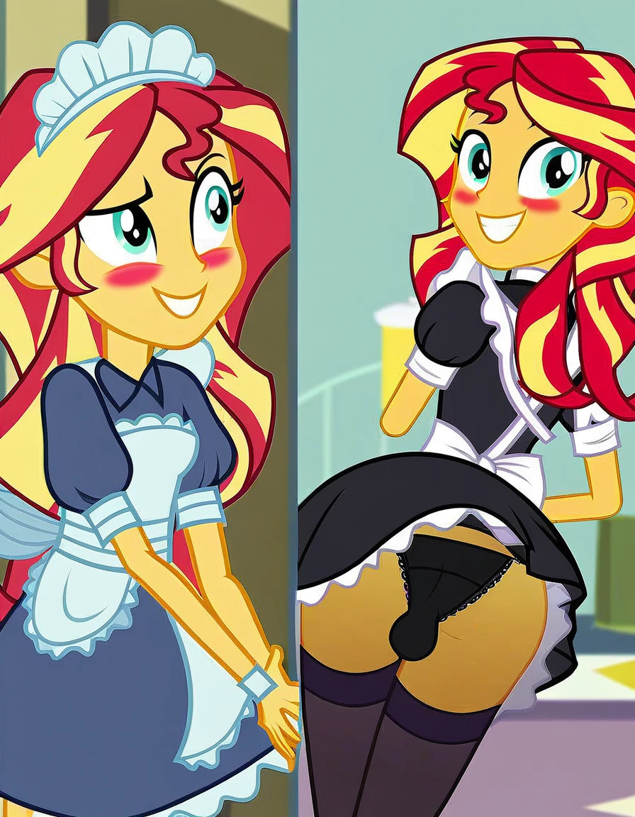 upskirt, duo focus, equestria girls, blushing, sunset shimmer, bra, underwear, grin, evil smile, erection, smiling, butt, clothes, maid, black panties, underwear, sunbutt, show accurate, vector, male pov, tenting, crotch big bulge, big erection in pants, offscreen male character