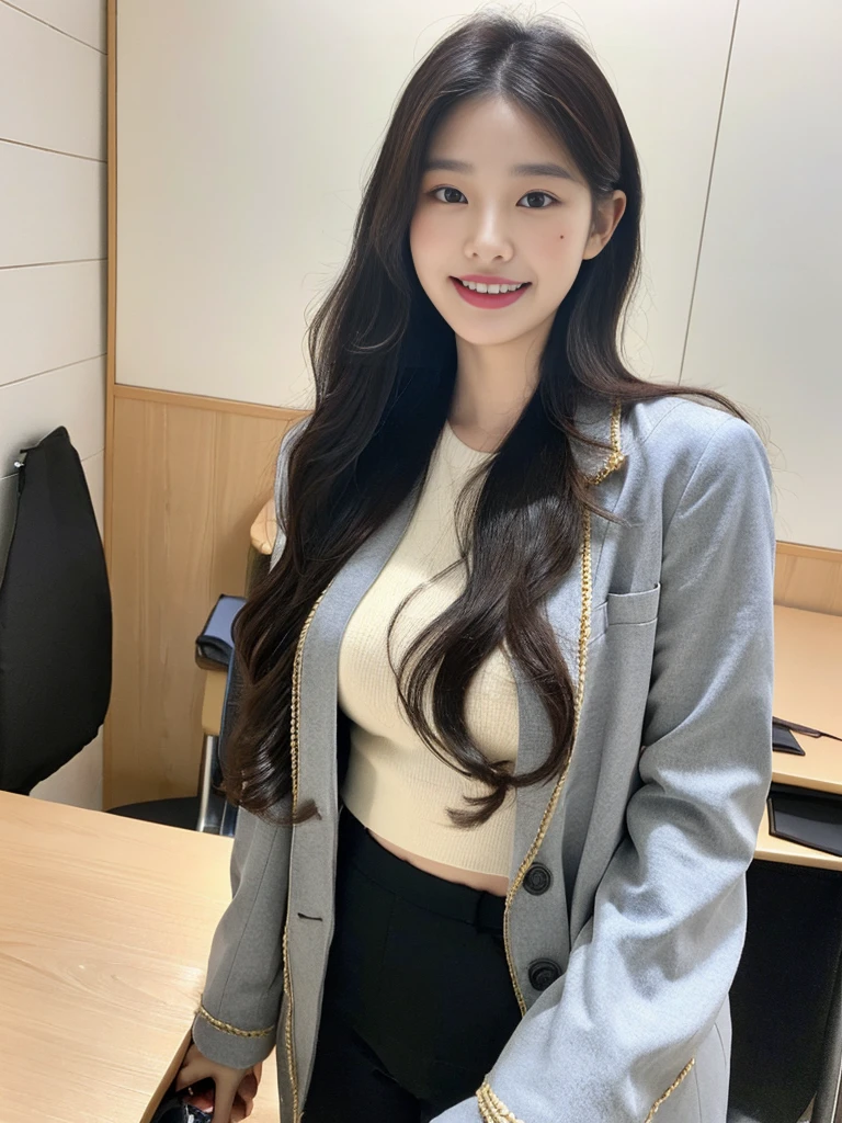 A super cute Korean female college teacher stands in front of a whiteboard:1.3)(grin,Smile)(Beautiful Sweat:1.3)(16K, RAW Photos, Highest quality, masterpiece: 1.2),(Shiny wavy hair blowing in the wind) Super detailed, Super Resolution, (Genuine, Genuine photos: 1.37), Portraiture, High-resolution RAW color photos, Professional photos, Very detailed, 8k wallpaper, Very detailed CG Unity 8k wallpaper, Very detailed beautiful girls, Very detailed faces, ((whole body)), beautiful woman, Huge breasts,(huge boobs:1.1) (Big Boobs:1.1), Beauty college student (tailored jacket),high school girl, Korean Girls,(K-POP Female Idols), (Idol-class beauty)(Beautiful Female Teacher:1.1)(classroom)(22 years old)
