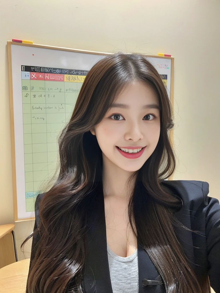 A super cute Korean female college teacher stands in front of a whiteboard:1.3)(grin,Smile)(Beautiful Sweat:1.3)(16K, RAW Photos, Highest quality, masterpiece: 1.2),(Shiny wavy hair blowing in the wind) Super detailed, Super Resolution, (Genuine, Genuine photos: 1.37), Portraiture, High-resolution RAW color photos, Professional photos, Very detailed, 8k wallpaper, Very detailed CG Unity 8k wallpaper, Very detailed beautiful girls, Very detailed faces, ((whole body)), beautiful woman, Huge breasts,(huge boobs:1.1) (Big Boobs:1.1), Beauty college student (tailored jacket),high school girl, Korean Girls,(K-POP Female Idols), (Idol-class beauty)(Beautiful Female Teacher:1.1)(classroom)(22 years old)