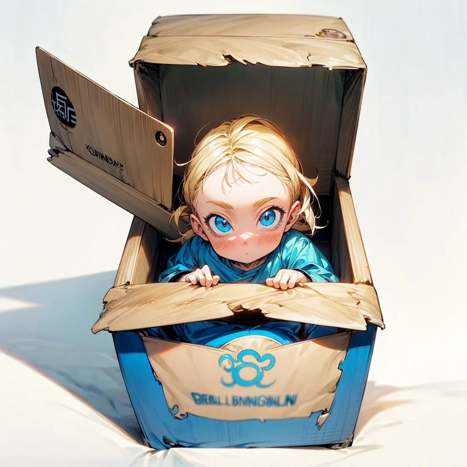 A cardboard box, 1 cardboard box, Blue color, has official writing, There is writing from "Manchester city", there is writing "Baby", (baby albino, blonde colour hair, narrow eyes, His cheeks were red, his nose red, his eyes narrow)
