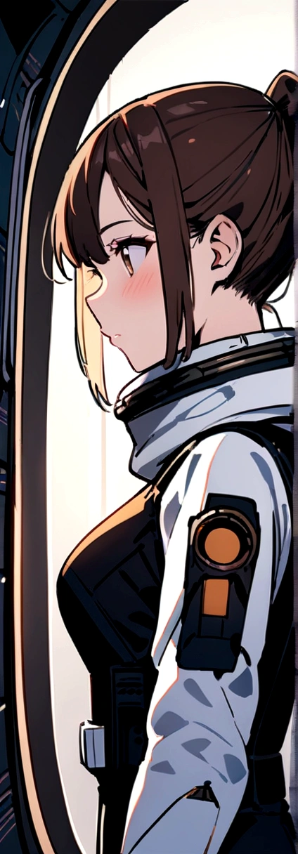 masterpiece, Highest quality, One Girl, Inside the spaceship, Spacesuit, Upper Body, From the side, sf, Brown eyes, ponytail, Brown Hair, Long hair,Cat ear, View Audience,