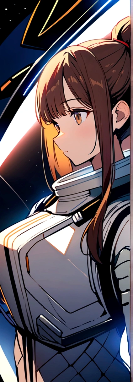 masterpiece, Highest quality, One Girl, Inside the spaceship, Spacesuit, Upper Body, From the side, sf, Brown eyes, ponytail, Brown Hair, Long hair,Cat ear, View Audience,