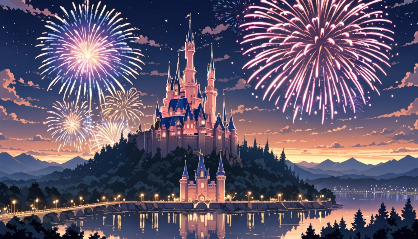 ((Anime: 1.4, Illustration)), (Masterpiece, Top Quality, Best Quality), (Ultra-Detailed, Absolutely Resolution), ((16k, HIGH RES)) (Cinderella Castle, Fireworks, Night View, Moon) ), ( Anime: 1.4, Illustration)), (Masterpiece, Top Quality, Best Quality), (Ultra-Detailed, Absolutely Resolution). Ak {Lofi Art, Style of Laurie Greasley, Style of Makoto Shinkai, Anime Aesthetic}, BREAK {(Produces IMAGES WITH ITH INFORMATION THAN 40 Million Pixels with Cinematic-Like Detailed Textures S Hot on a Sony slur).}