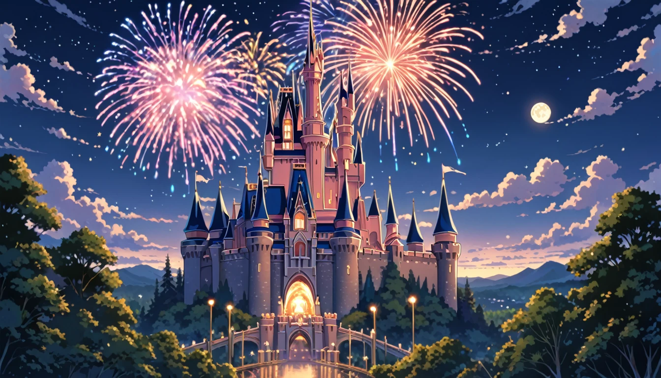 ((Anime: 1.4, Illustration)), (Masterpiece, Top Quality, Best Quality), (Ultra-Detailed, Absolutely Resolution), ((16k, HIGH RES)) (Cinderella Castle, Fireworks, Night View, Moon) ), ( Anime: 1.4, Illustration)), (Masterpiece, Top Quality, Best Quality), (Ultra-Detailed, Absolutely Resolution). Ak {Lofi Art, Style of Laurie Greasley, Style of Makoto Shinkai, Anime Aesthetic}, BREAK {(Produces IMAGES WITH ITH INFORMATION THAN 40 Million Pixels with Cinematic-Like Detailed Textures S Hot on a Sony slur).}