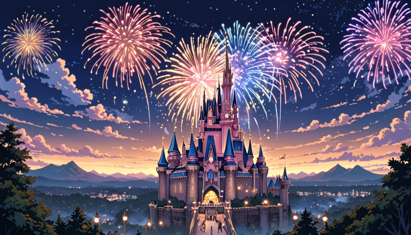 ((Anime: 1.4, Illustration)), (Masterpiece, Top Quality, Best Quality), (Ultra-Detailed, Absolutely Resolution), ((16k, HIGH RES)) (Cinderella Castle, Fireworks, Night View, Moon) ), ( Anime: 1.4, Illustration)), (Masterpiece, Top Quality, Best Quality), (Ultra-Detailed, Absolutely Resolution). Ak {Lofi Art, Style of Laurie Greasley, Style of Makoto Shinkai, Anime Aesthetic}, BREAK {(Produces IMAGES WITH ITH INFORMATION THAN 40 Million Pixels with Cinematic-Like Detailed Textures S Hot on a Sony slur).}