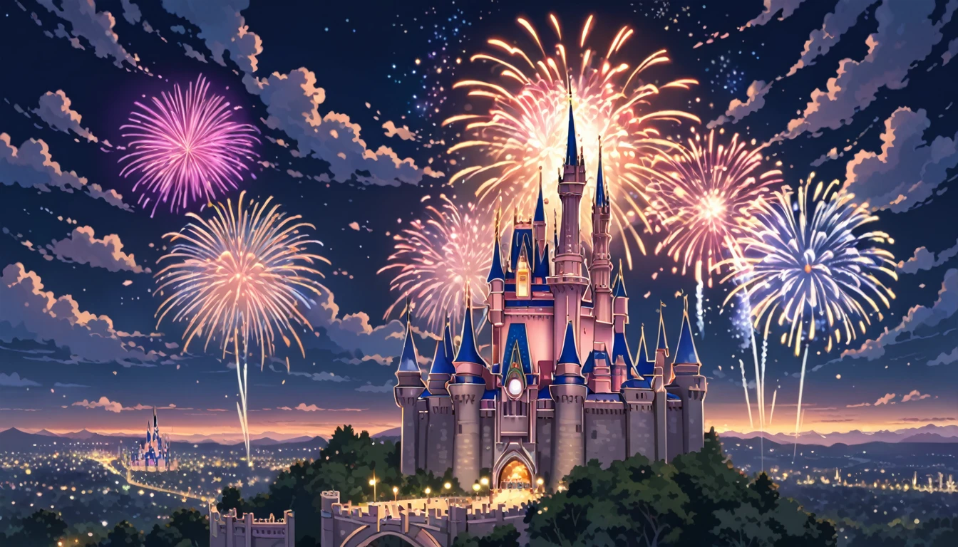 ((Anime: 1.4, Illustration)), (Masterpiece, Top Quality, Best Quality), (Ultra-Detailed, Absolutely Resolution), ((16k, HIGH RES)) (Cinderella Castle, Fireworks, Night View, Moon) ), ( Anime: 1.4, Illustration)), (Masterpiece, Top Quality, Best Quality), (Ultra-Detailed, Absolutely Resolution). Ak {Lofi Art, Style of Laurie Greasley, Style of Makoto Shinkai, Anime Aesthetic}, BREAK {(Produces IMAGES WITH ITH INFORMATION THAN 40 Million Pixels with Cinematic-Like Detailed Textures S Hot on a Sony slur).}