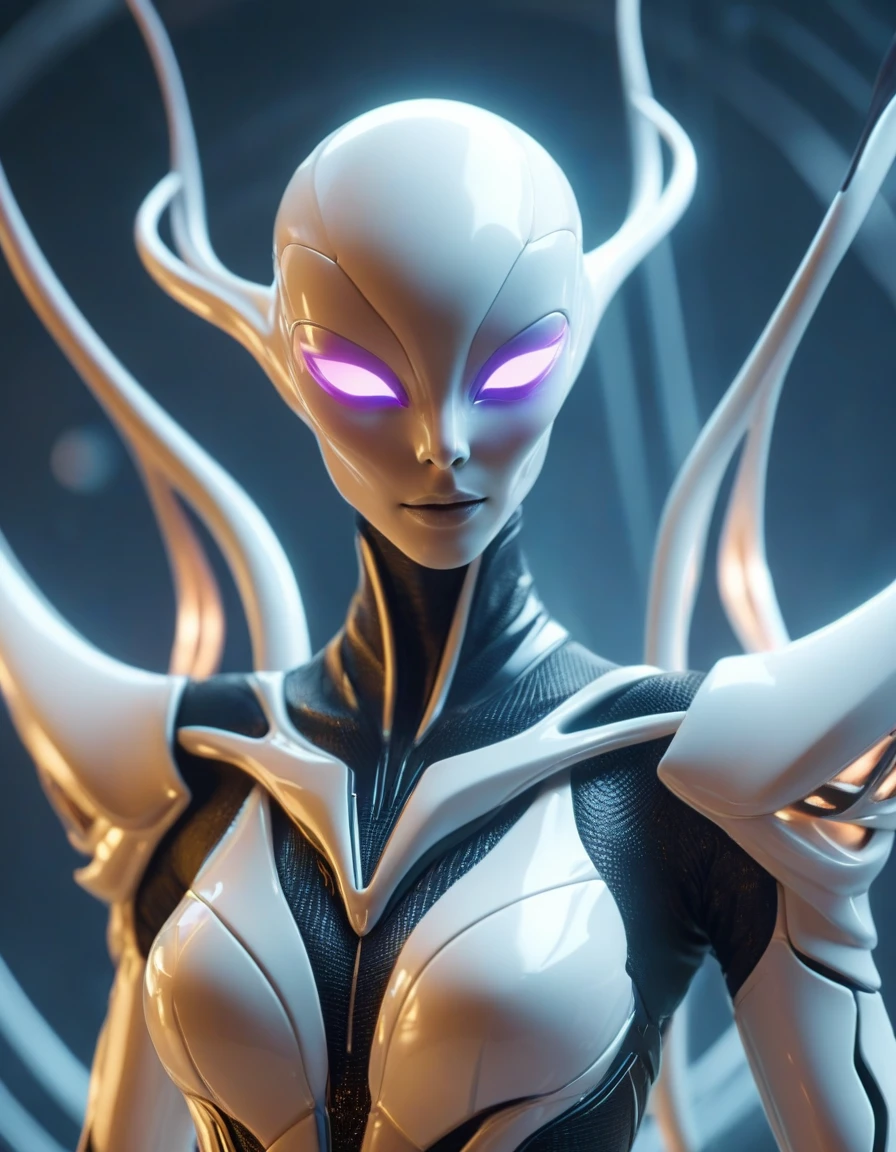 Best quality，Super Fine，Ultra-realistic，Futuristic costume design，Design implies flexibility，Monochromatic color scheme emanates tranquility，Surface reflects light softly，Minimalism，Simple and powerful feminine beauty，，helllady，Xill，modernism，Feminine Elements in Visual Art，Fusion of advanced technology and nature，Photorealistic rendering，1 girl，full-body shot，White Network Rabbit Ears Girl，Cyberpunk Kimono，translucent，Smooth fabric，Low-rise black leggings，Transparent Kimono Top，Monochromatic color palette，Fashion lines，Futuristic decoration，high-tech accessories，Minimalism Design，Fusion，Bold and simple，Serene expression，Cybernetic enhancement，Striking elegance，Short gray hair，Make her blue eyes shine brighter，Well-defined facial lines，Highlighting her radiant fair skin，（In concrete buildings，Realistic black shadows），Incredibly slim waist，Upward and center-pointing erect nipples，Large round breasts，Exudes sculptural beauty，Looking at the audience, anatomical correct：2，skin texture：2，3d，realistic