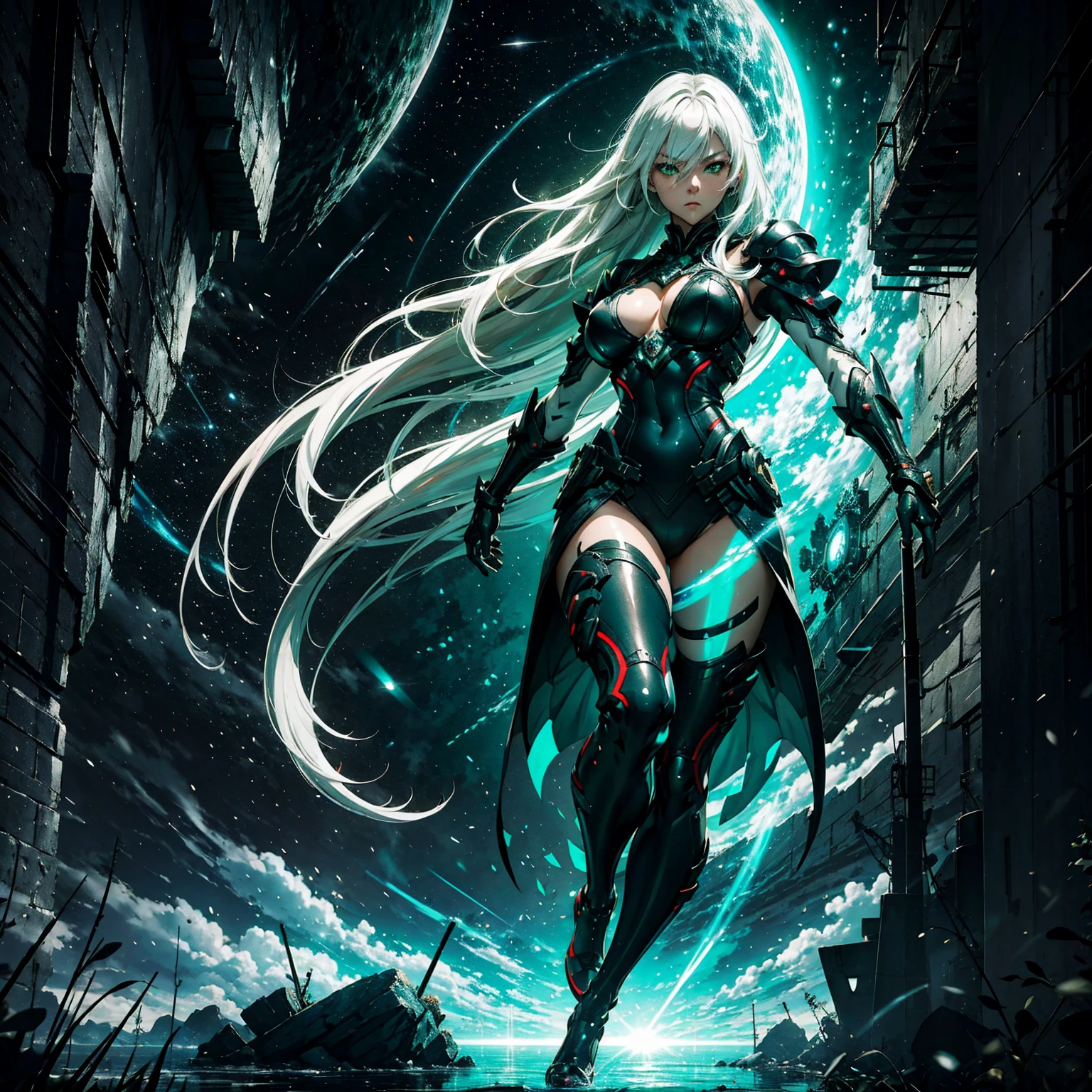 1girl!!! (solo), straight hair, long hair, light white hair, big breasts, small size, green eyes, very fair skin, serious face, sexy black tight kimono armor, deep neckline, full body, running, night, dark cave, very sexy body, detailed face, highly detailed, 8k, best quality, masterpiece, vibrant colors, digital art, concept art