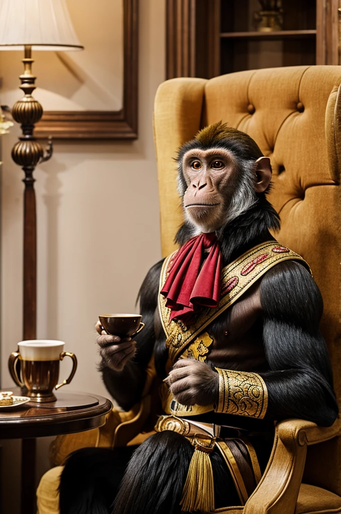 A monkey in a prince costume having a cup of tea 
