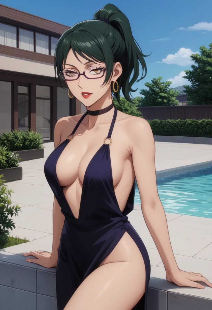 score_9_up, score_8_up, score_7_up, 1girl, solo, mature female, Maki, green ponytail hair, yellow eyes, glasses, red lips, parted lips, fit slim body, perfect medium erected breast,(((highly detailed eyes))), (((dark blue evening dress with plunging neckline, golden earrings, golden rings, black choker with shining rhinestones))), (((white modern villa with panoramic windows, pool, sunset))), outdoors, looking at the viewer, perfect model body, seductive pose, (((from behind)))